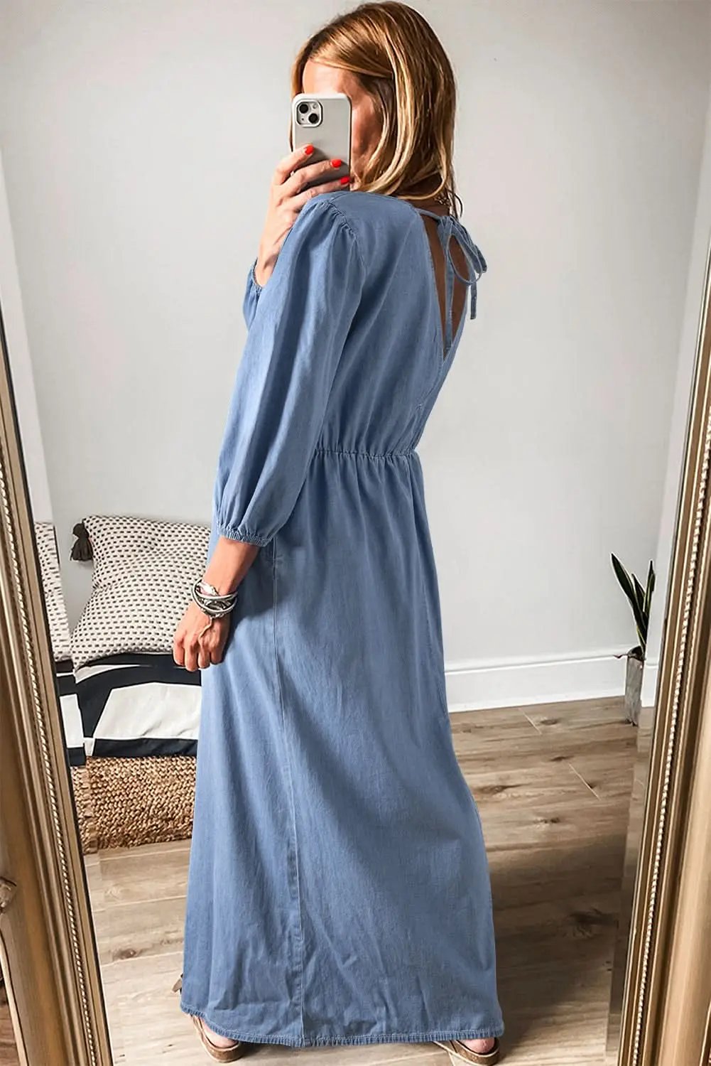 Dresses Love Salve Chambray Blue Dress Women's Daily Maxi Dress Deep V, Bracelet Sleeves