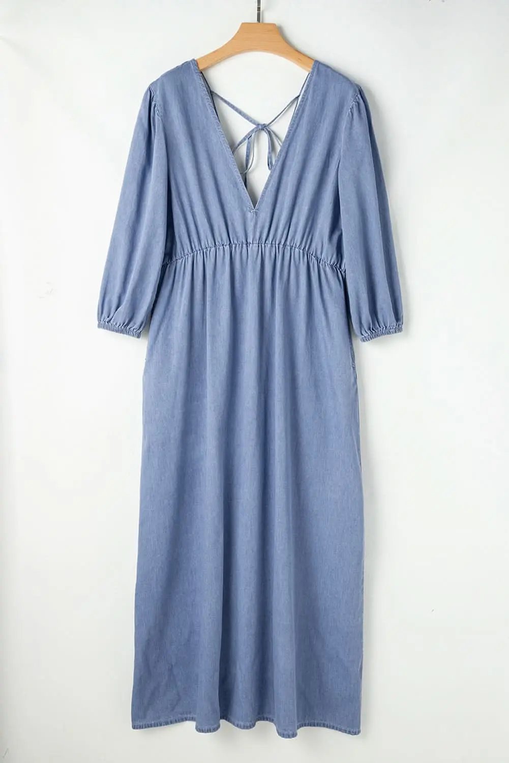 Dresses Love Salve Chambray Blue Dress Women's Daily Maxi Dress Deep V, Bracelet Sleeves