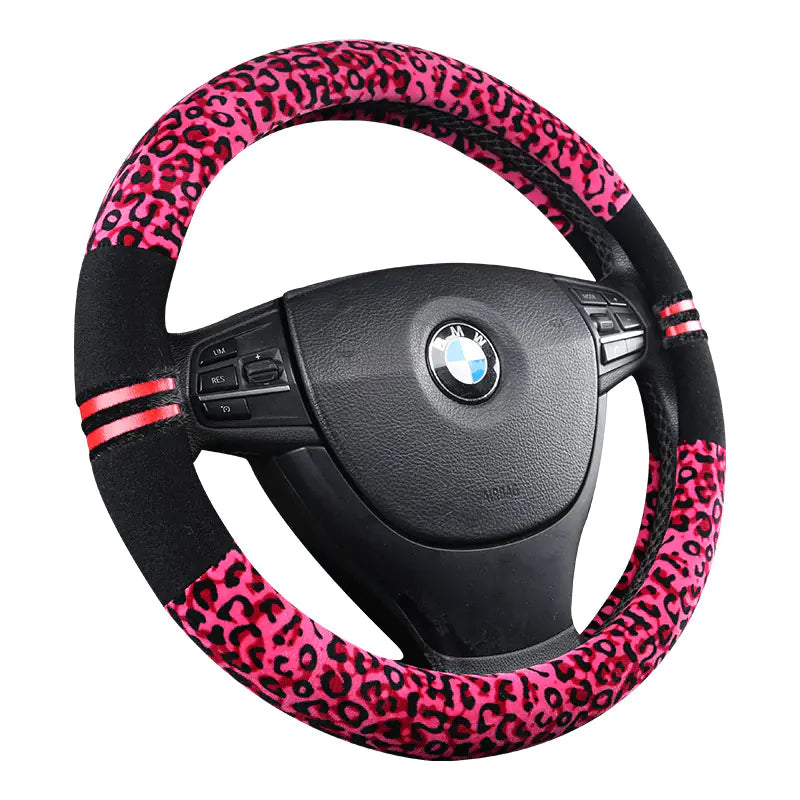 Winter Car Steering Wheel Cover - Plush Leopard Print