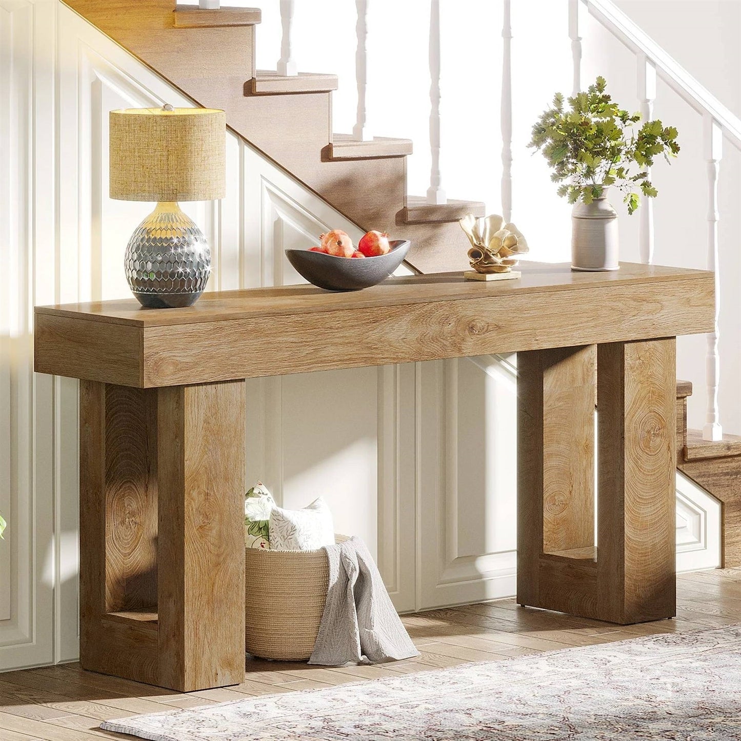 Mesa de sofá consola estrecha larga estilo granja moderna de 63 pulgadas con acabado en madera natural