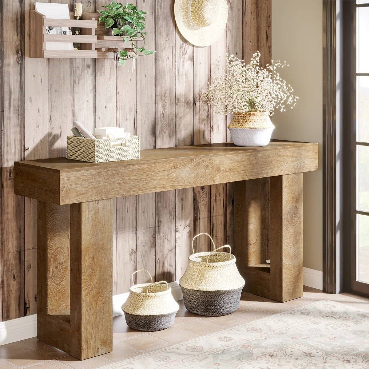Mesa de sofá consola estrecha larga estilo granja moderna de 63 pulgadas con acabado en madera natural