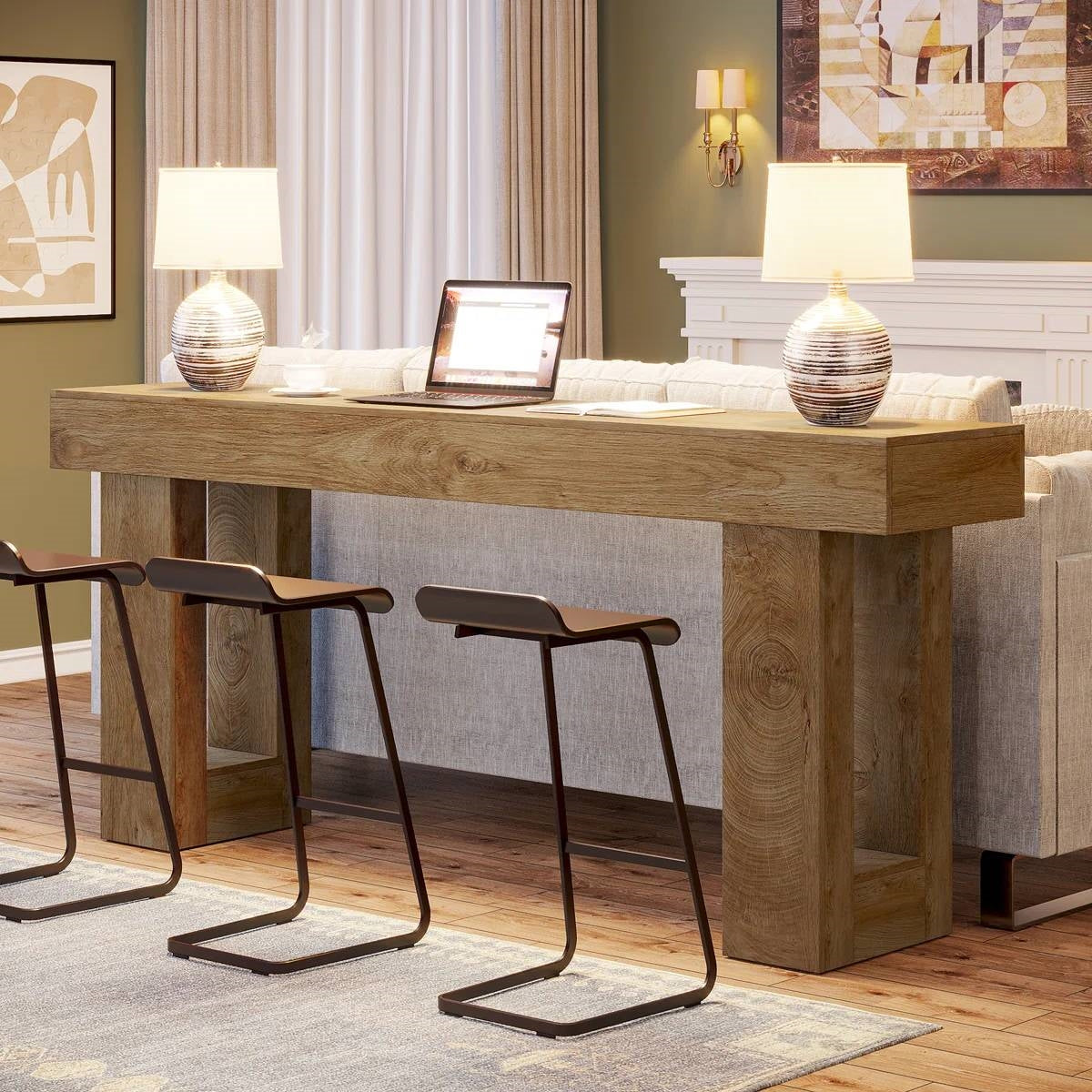 Mesa de sofá consola estrecha larga estilo granja moderna de 63 pulgadas con acabado en madera natural