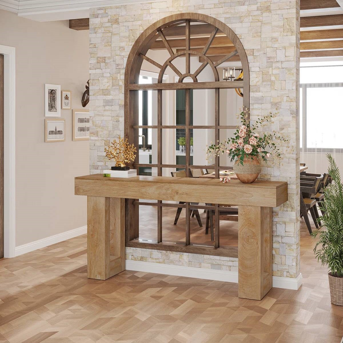 Mesa de sofá consola estrecha larga estilo granja moderna de 63 pulgadas con acabado en madera natural