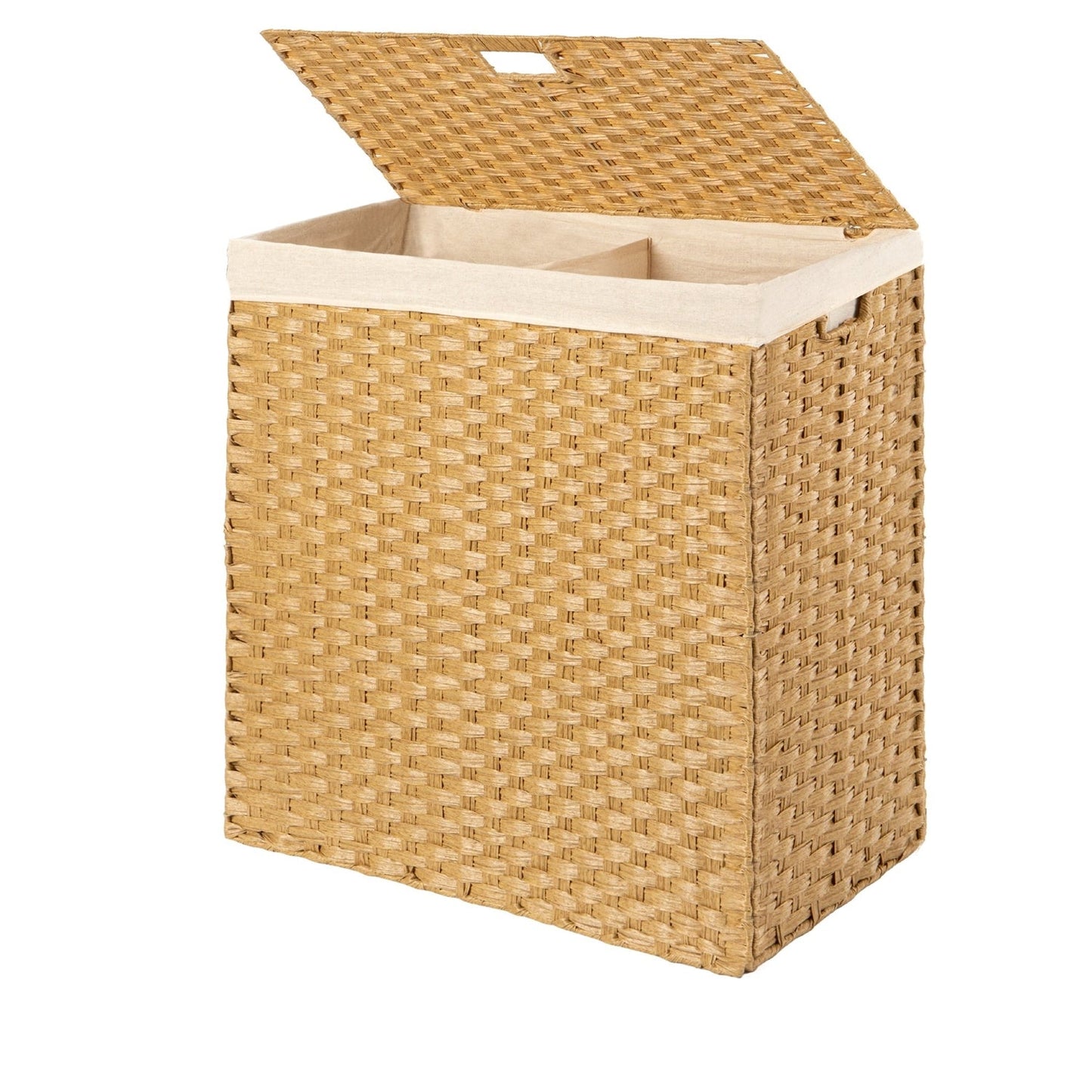 Cesto plegable de 2 compartimentos para ropa sucia de mimbre PE natural con forro y asas