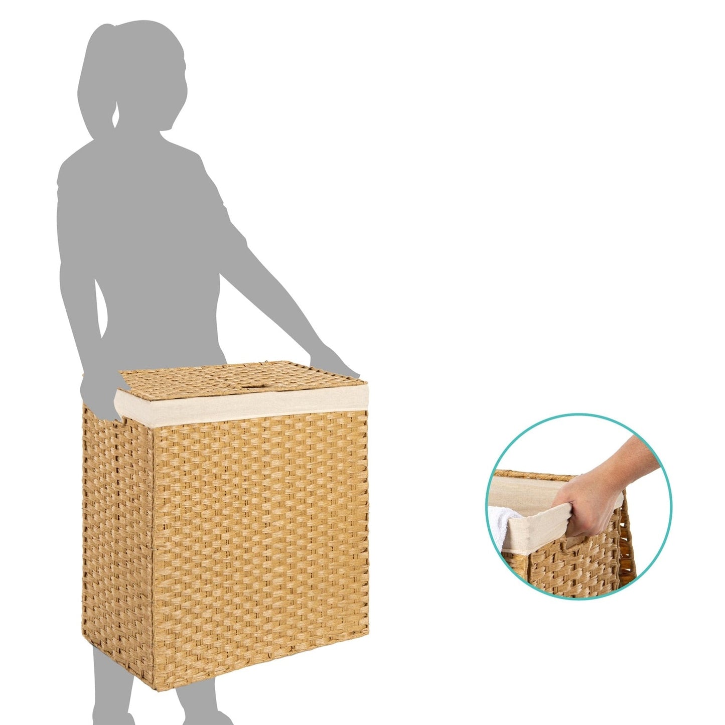 Cesto plegable de 2 compartimentos para ropa sucia de mimbre PE natural con forro y asas