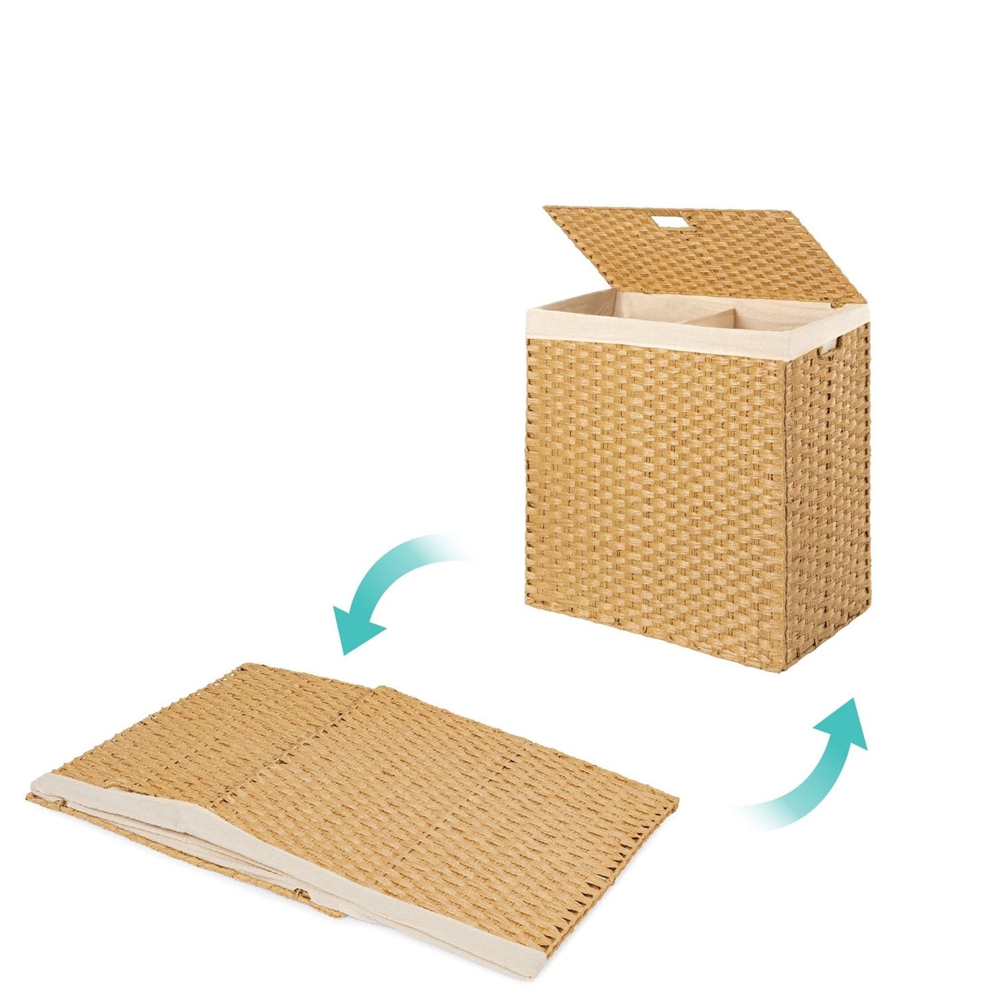Cesto plegable de 2 compartimentos para ropa sucia de mimbre PE natural con forro y asas