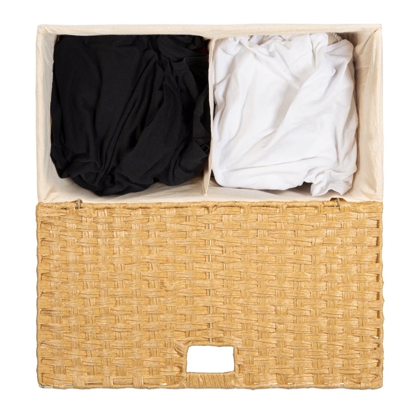 Cesto plegable de 2 compartimentos para ropa sucia de mimbre PE natural con forro y asas