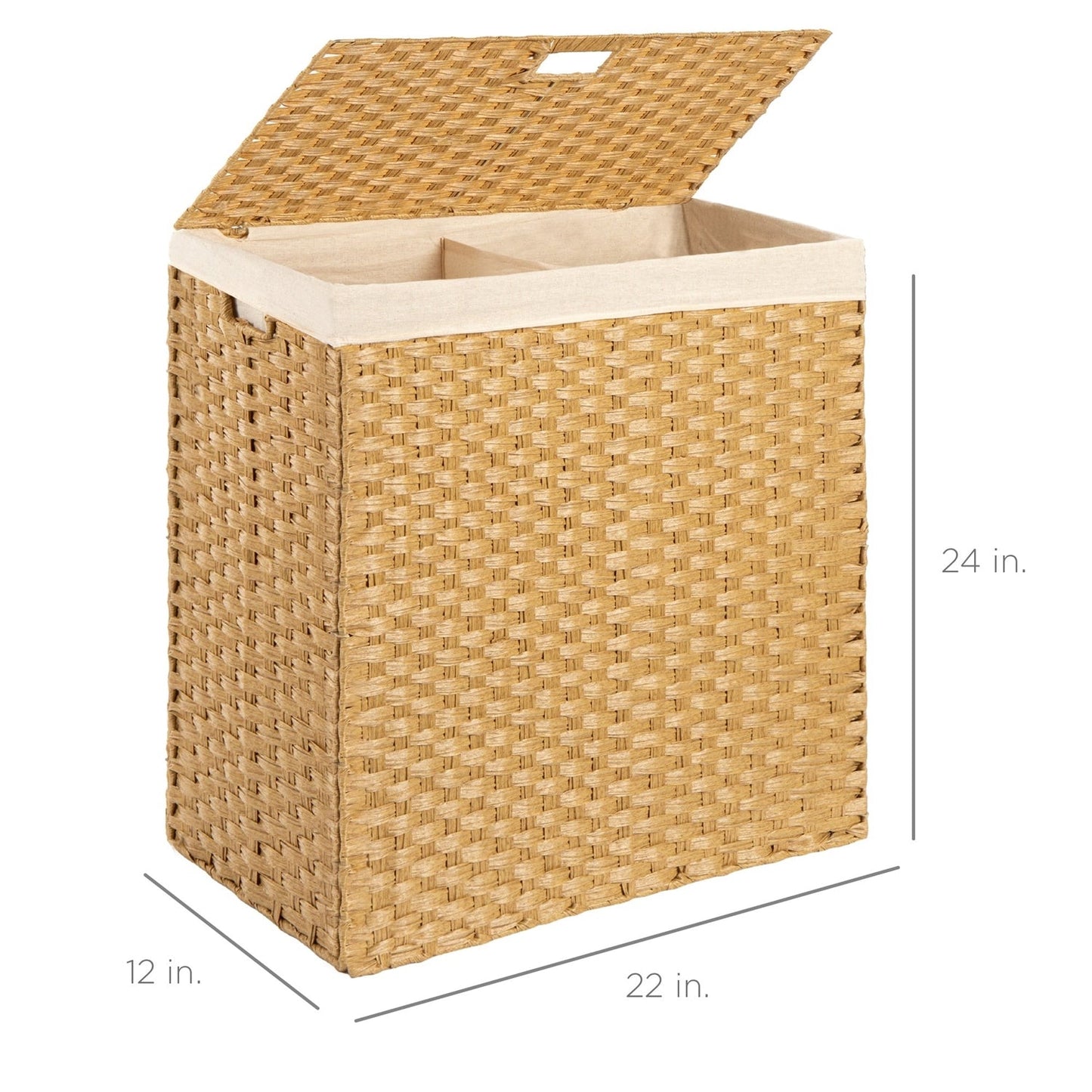Cesto plegable de 2 compartimentos para ropa sucia de mimbre PE natural con forro y asas