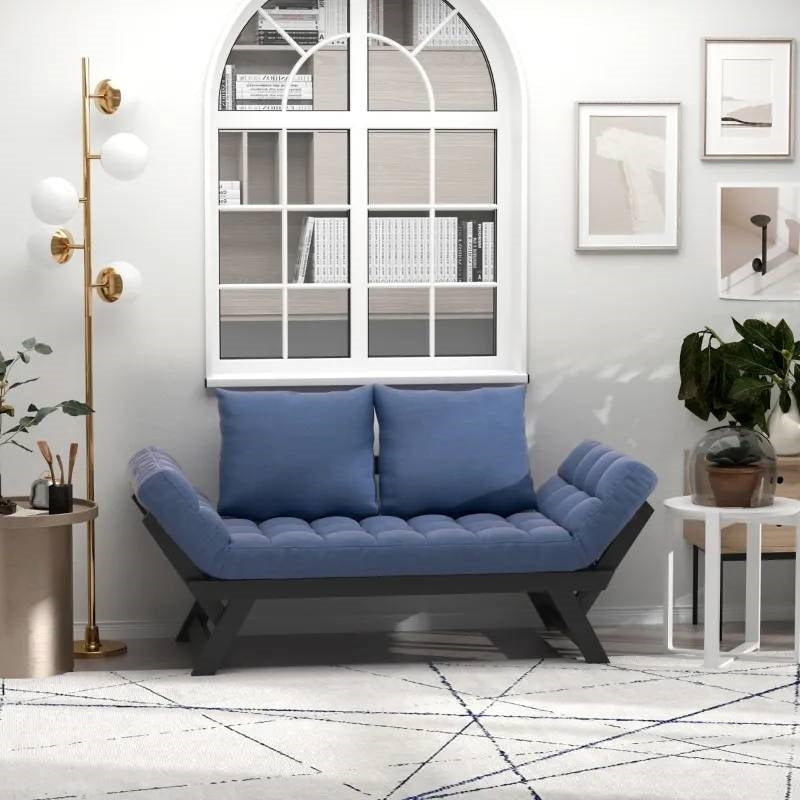 Cama Chaise Longue Sofá Convertible 3 en 1 Azul Marino/Negro con 2 Almohadas Grandes