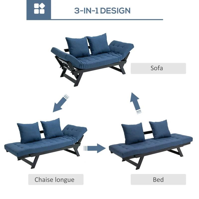 Cama Chaise Longue Sofá Convertible 3 en 1 Azul Marino/Negro con 2 Almohadas Grandes
