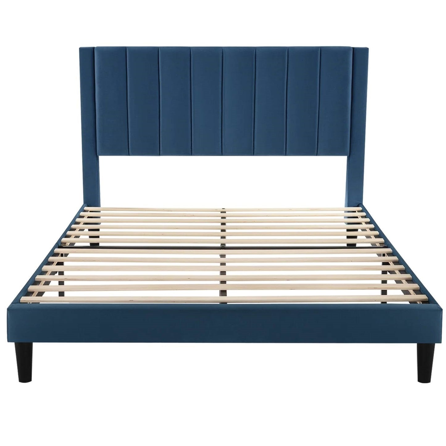 Cama de plataforma tapizada en terciopelo azul marino moderno tamaño Queen con cabecero