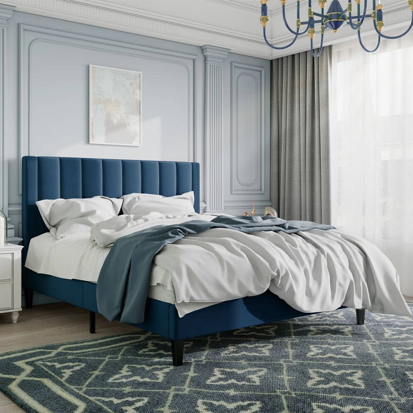 Cama de plataforma tapizada en terciopelo azul marino moderno tamaño Queen con cabecero