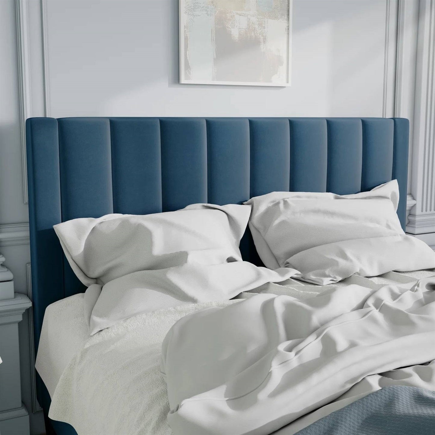 Cama de plataforma tapizada en terciopelo azul marino moderno tamaño Queen con cabecero