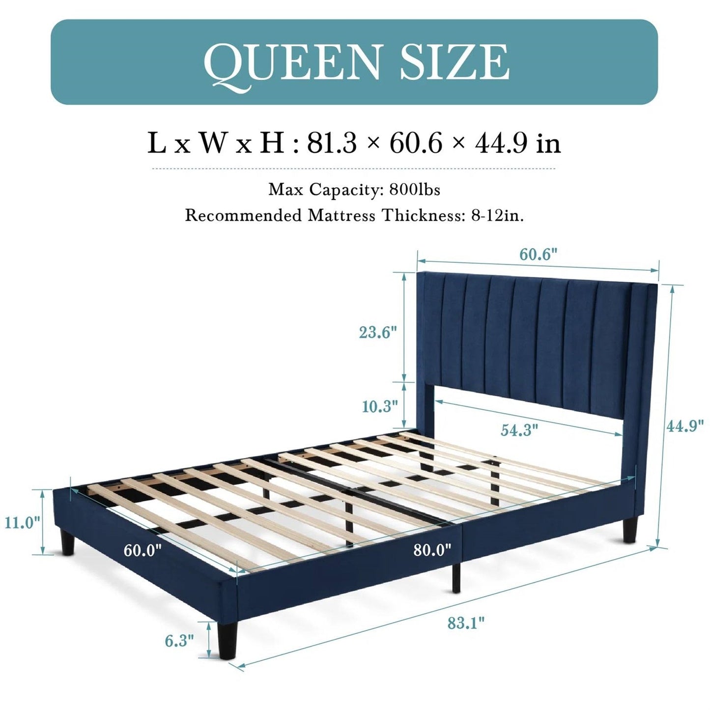Cama de plataforma tapizada en terciopelo azul marino moderno tamaño Queen con cabecero