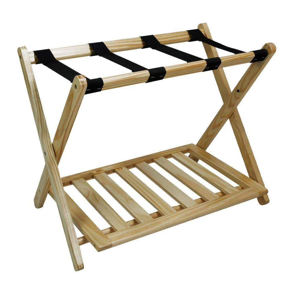 Estante para equipaje de madera maciza con estante inferior de almacenamiento en color natural con correas negras
