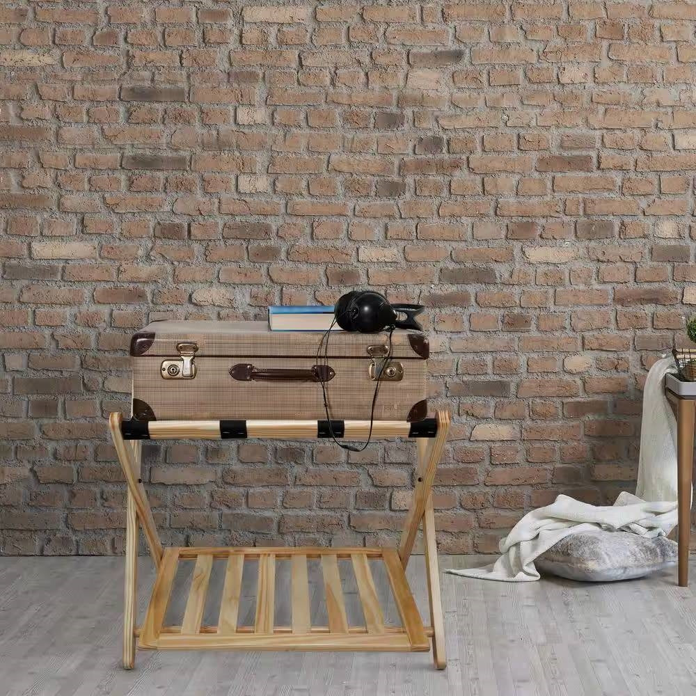 Estante para equipaje de madera maciza con estante inferior de almacenamiento en color natural con correas negras