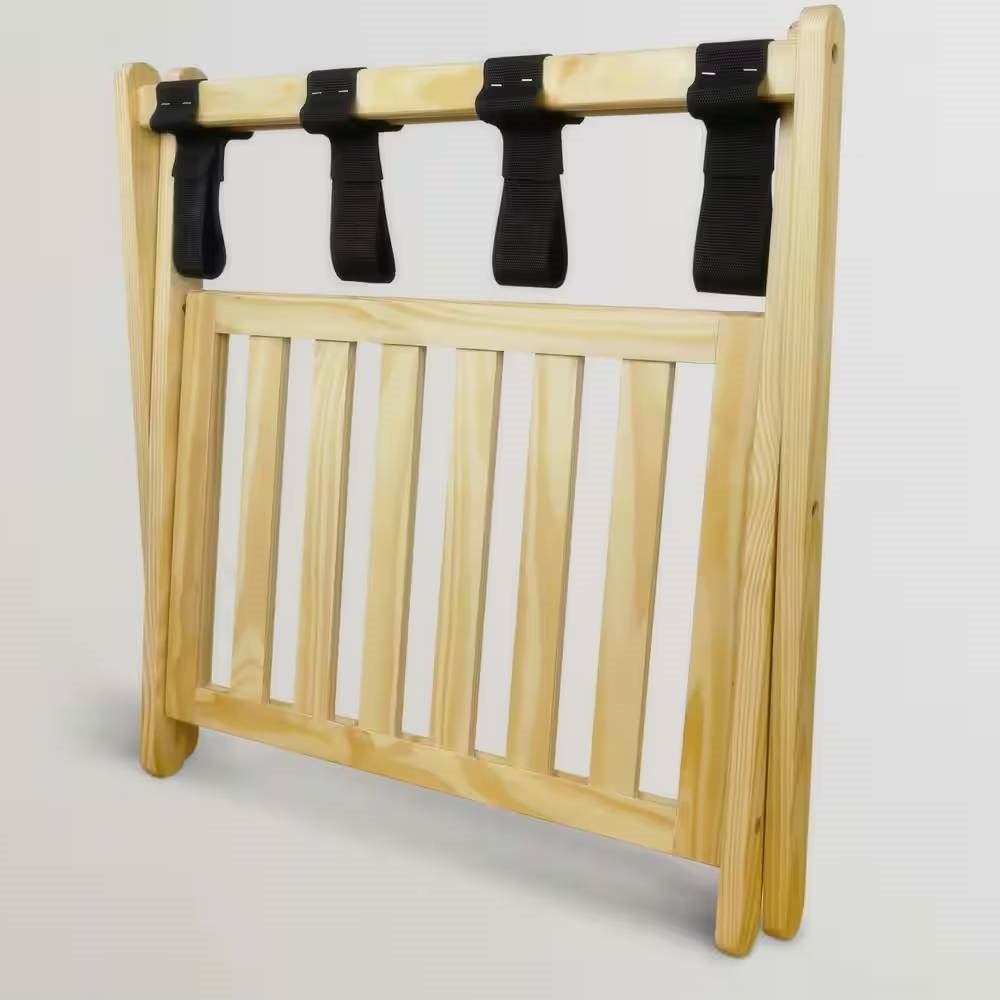 Estante para equipaje de madera maciza con estante inferior de almacenamiento en color natural con correas negras