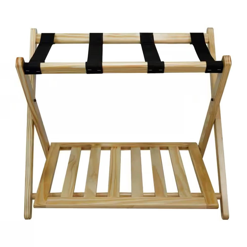 Estante para equipaje de madera maciza con estante inferior de almacenamiento en color natural con correas negras