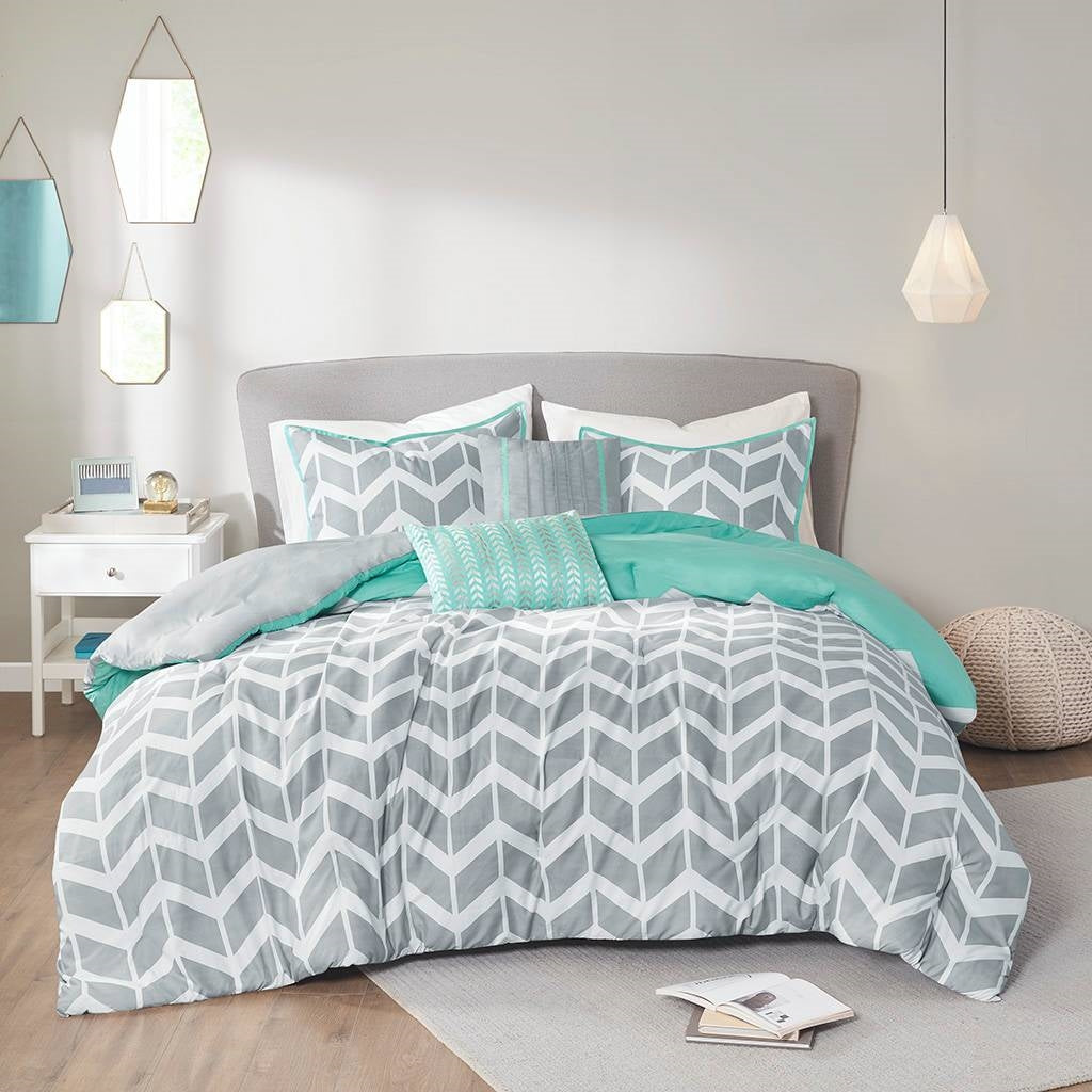 Juego de edredón reversible para cama doble/Queen con estampado de chevrón en gris, blanco, aguamarina y verde azulado