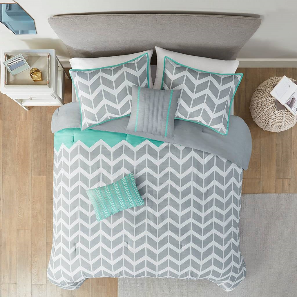 Juego de edredón reversible para cama doble/Queen con estampado de chevrón en gris, blanco, aguamarina y verde azulado