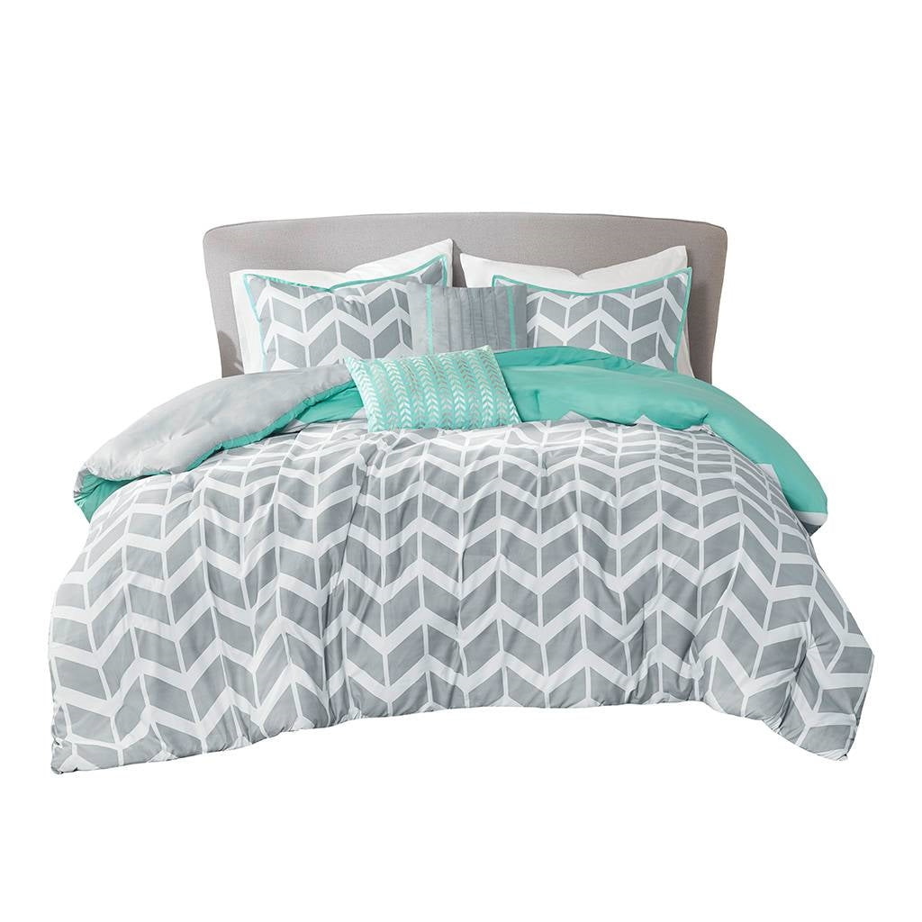 Juego de edredón reversible para cama doble/Queen con estampado de chevrón en gris, blanco, aguamarina y verde azulado