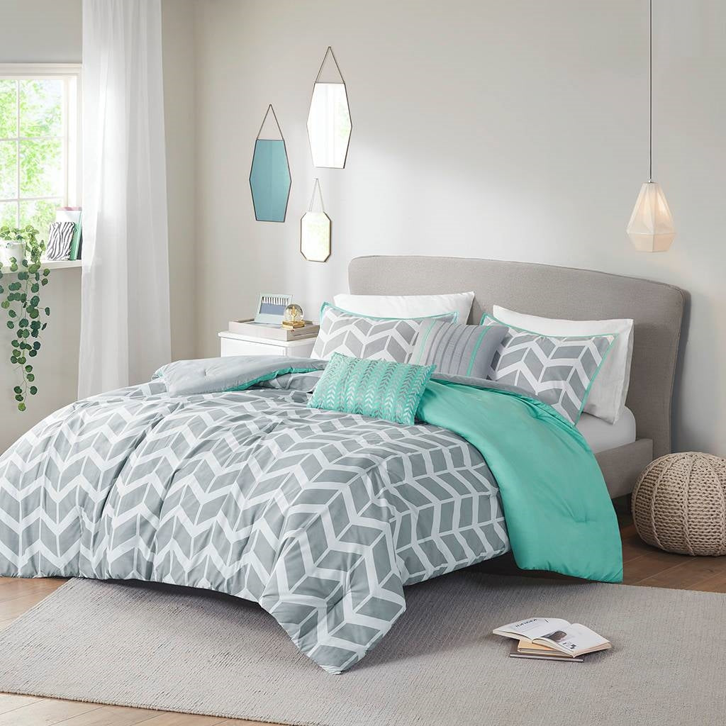 Juego de edredón reversible para cama doble/Queen con estampado de chevrón en gris, blanco, aguamarina y verde azulado