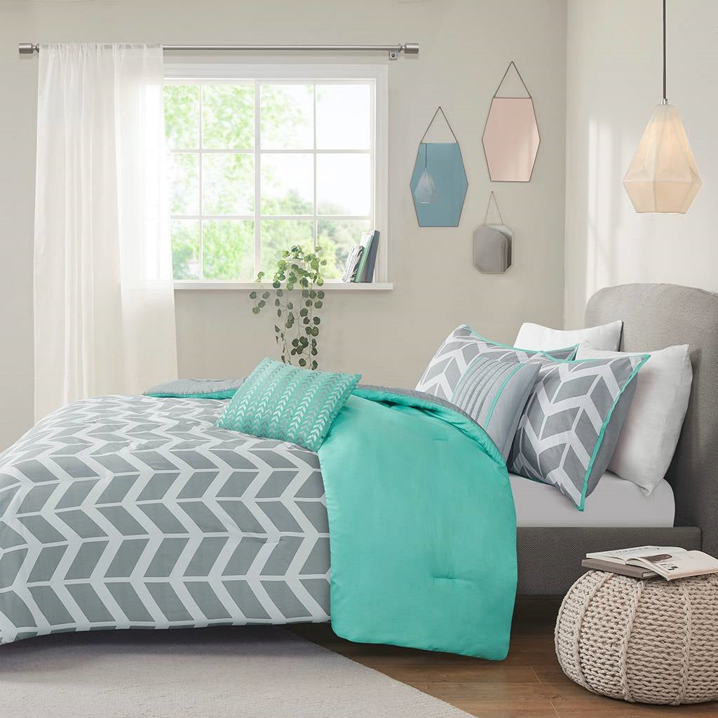 Juego de edredón reversible para cama doble/Queen con estampado de chevrón en gris, blanco, aguamarina y verde azulado