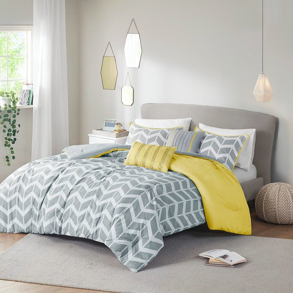 Juego de edredón reversible individual/Twin XL con estampado de chevron en gris, blanco y amarillo