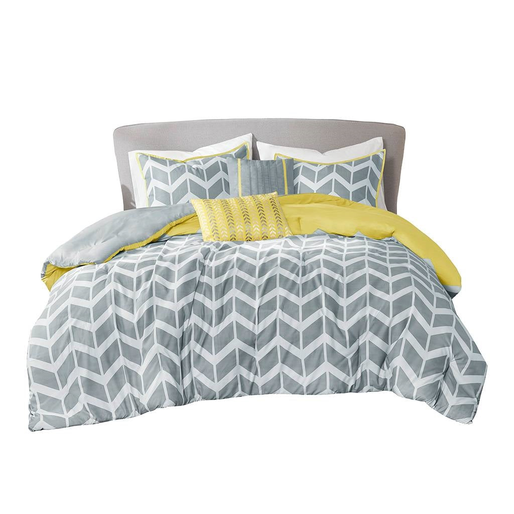 Juego de edredón reversible individual/Twin XL con estampado de chevron en gris, blanco y amarillo