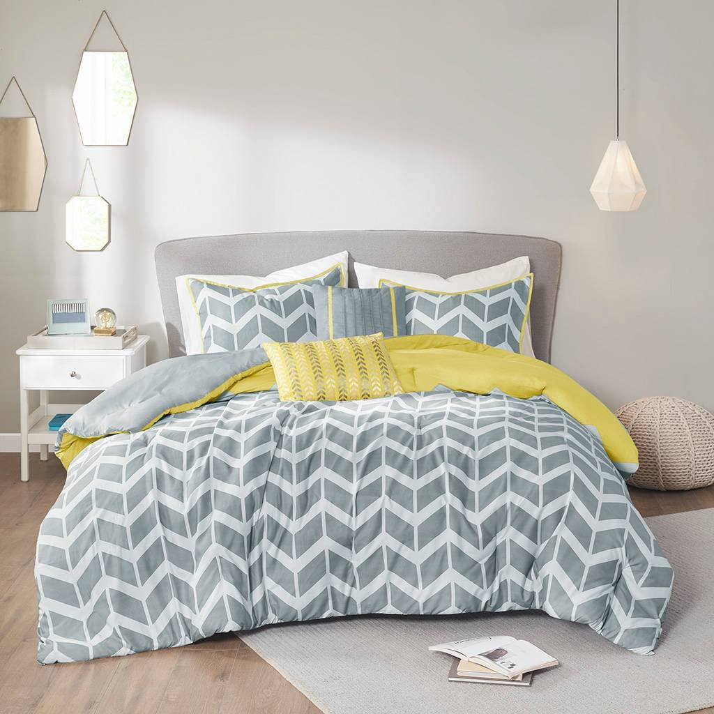 Juego de edredón reversible individual/Twin XL con estampado de chevron en gris, blanco y amarillo