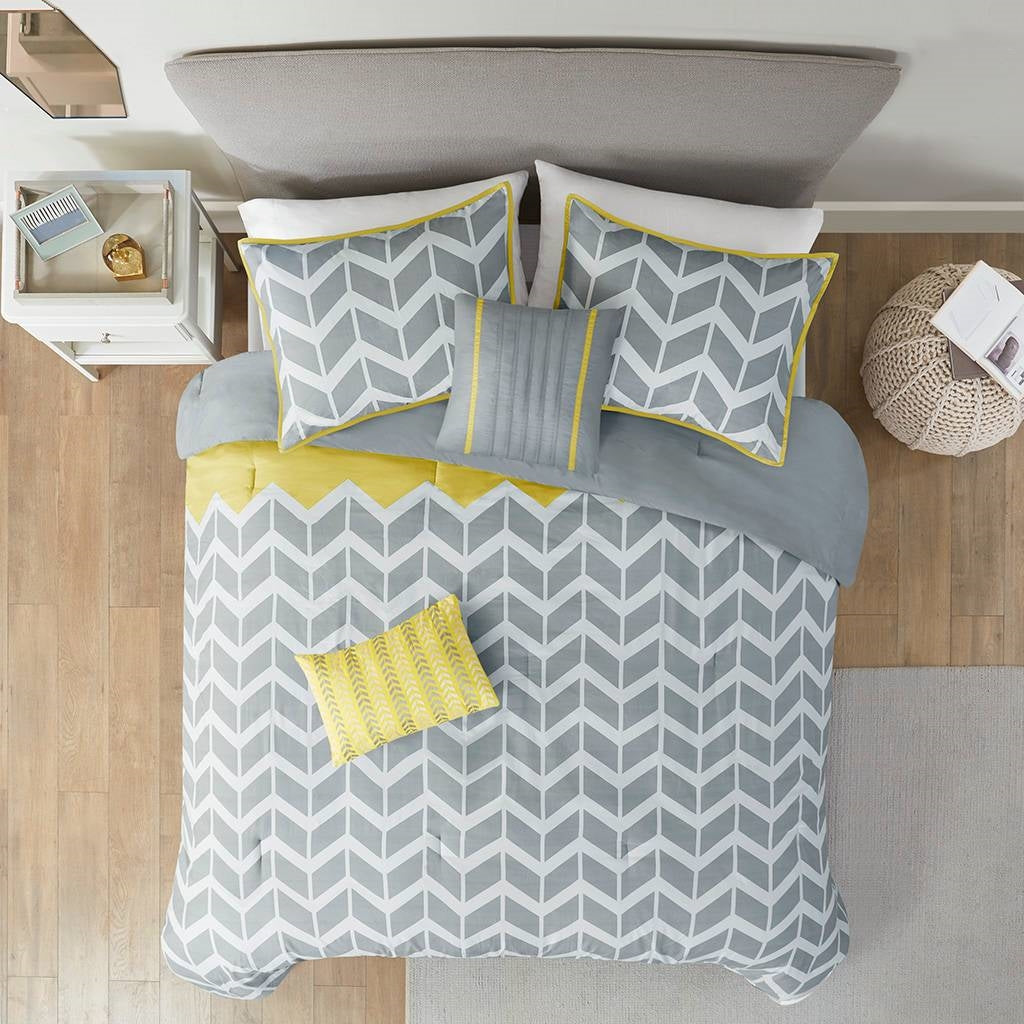 Juego de edredón reversible individual/Twin XL con estampado de chevron en gris, blanco y amarillo