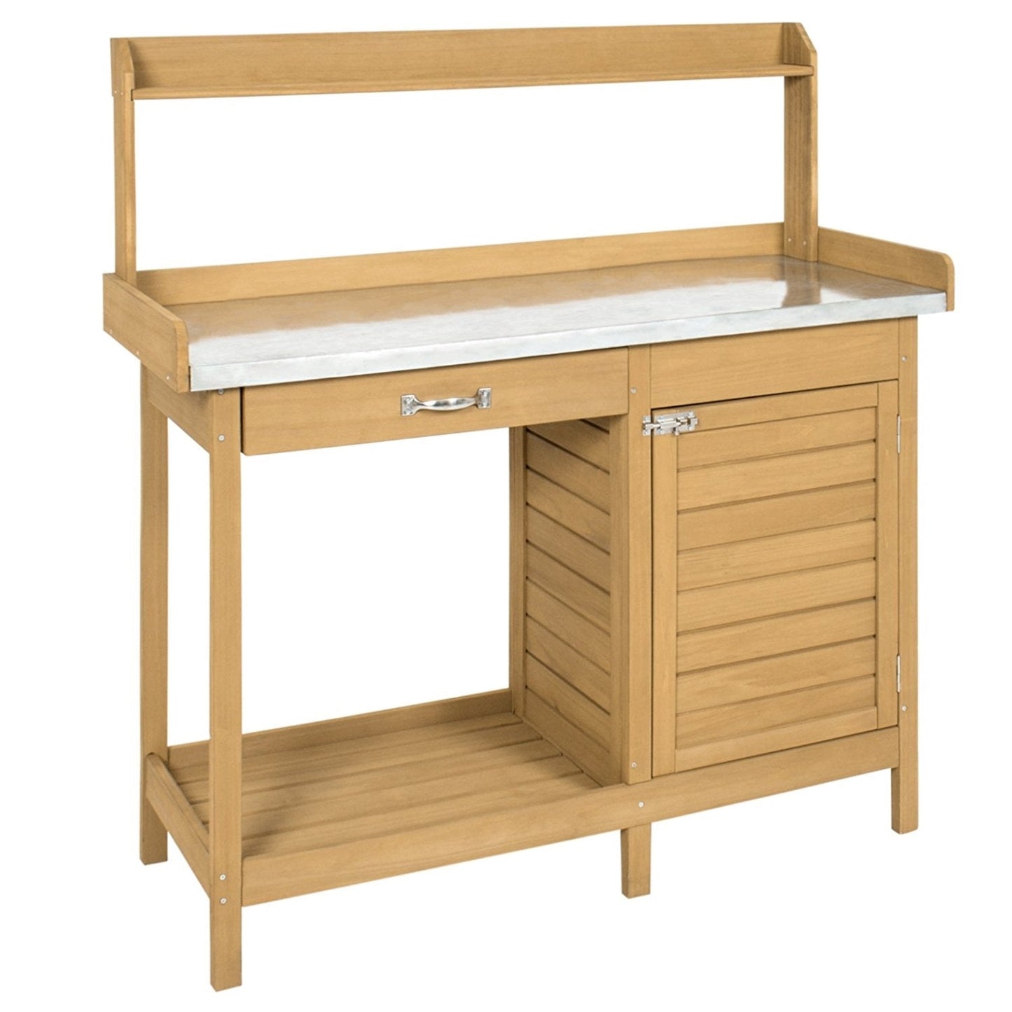 Mesa de trabajo para jardín con cubierta metálica de madera de abeto natural