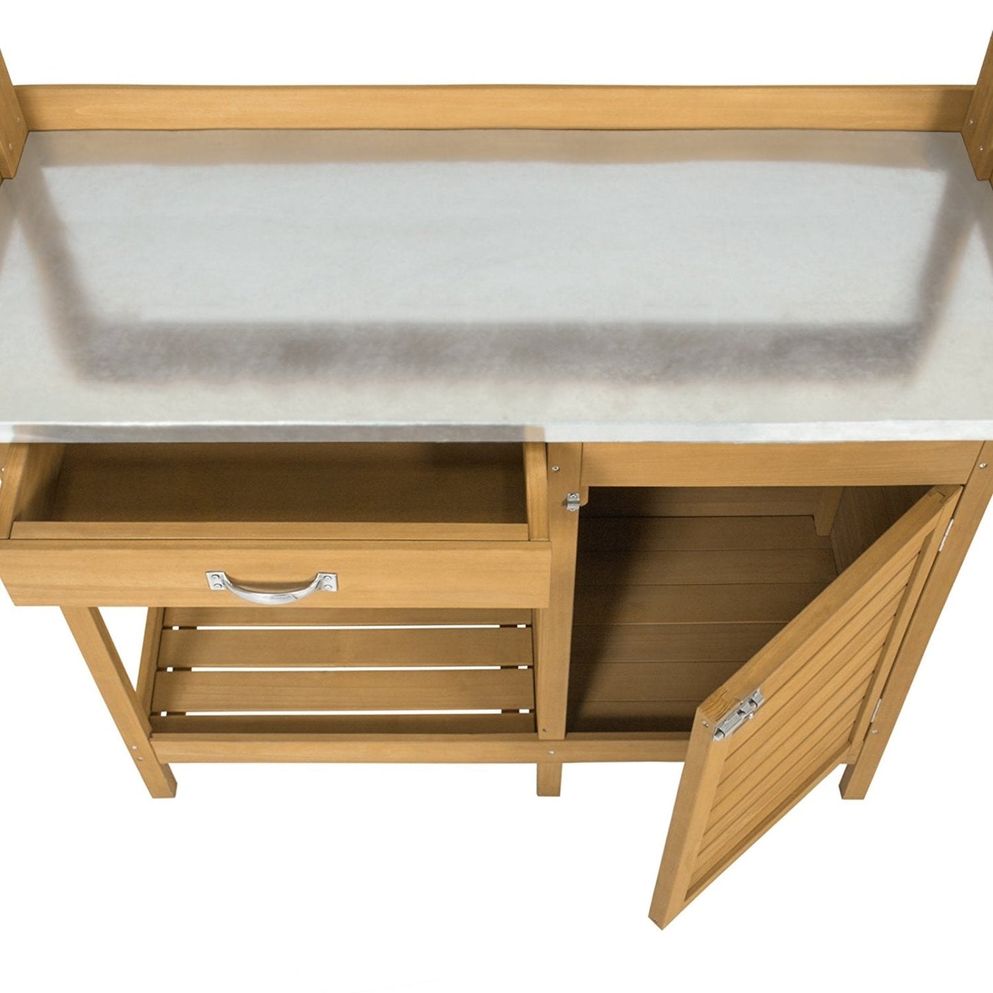 Mesa de trabajo para jardín con cubierta metálica de madera de abeto natural