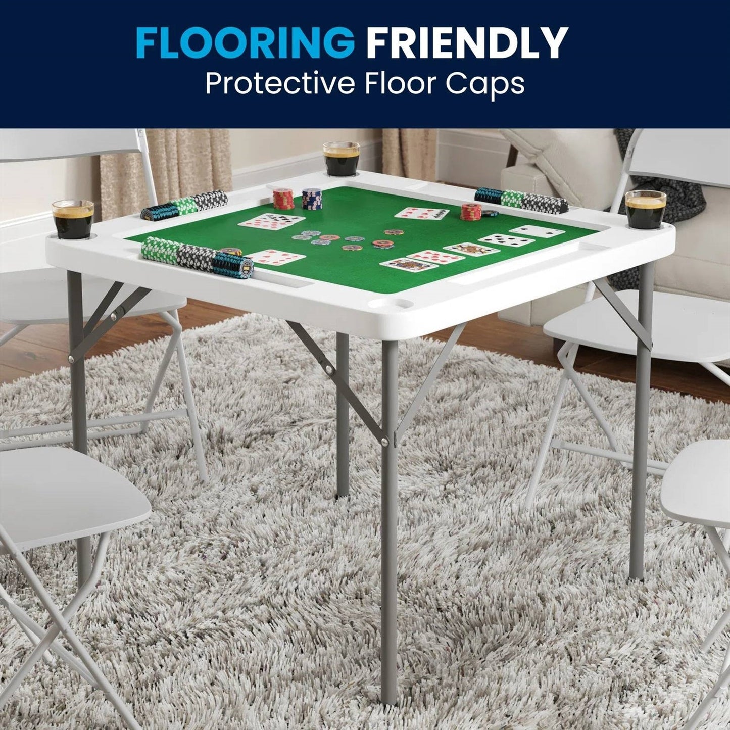 Mesa de póquer cuadrada plegable para juegos de 4 jugadores con tapete de fieltro verde y portavasos