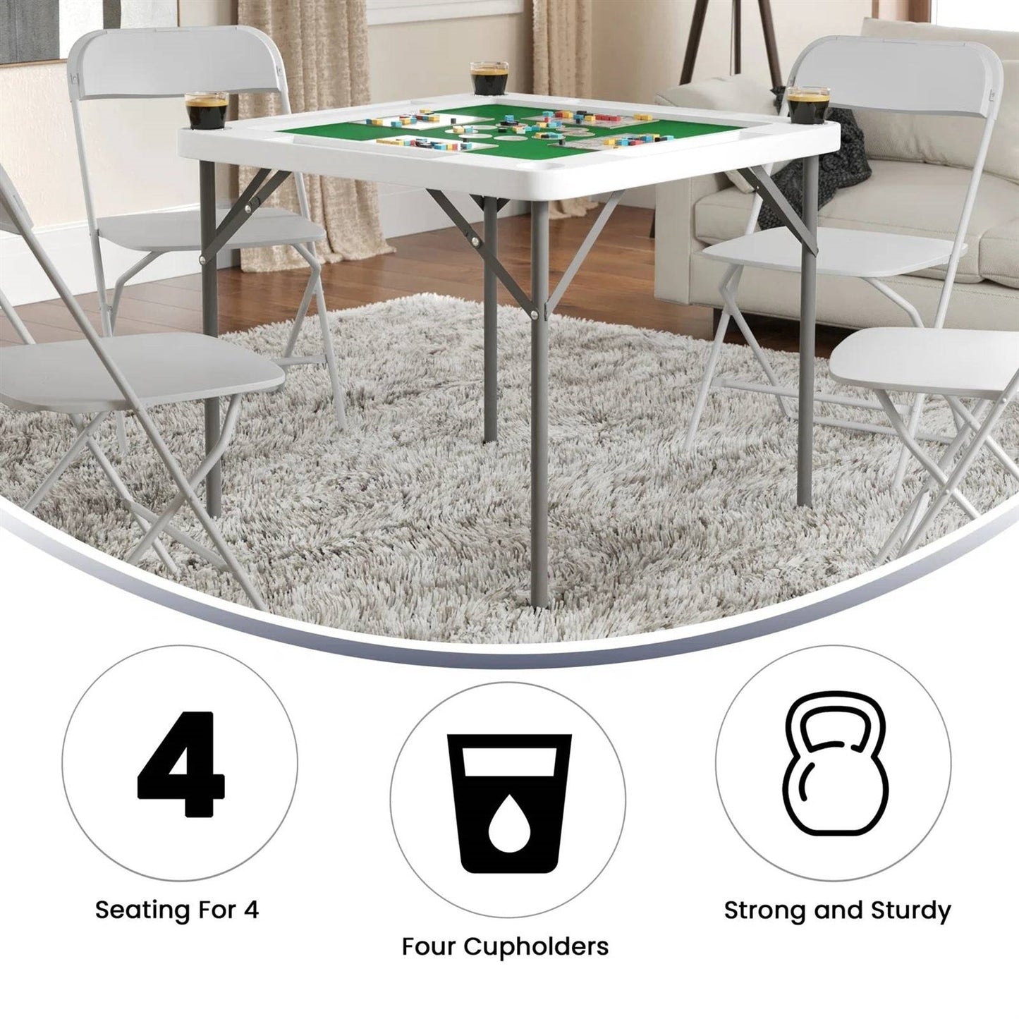 Mesa de póquer cuadrada plegable para juegos de 4 jugadores con tapete de fieltro verde y portavasos