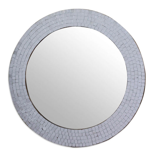Espejo de Pared Moderno Redondo Circular para Baño con Marco Plateado de Cristal Mosaico