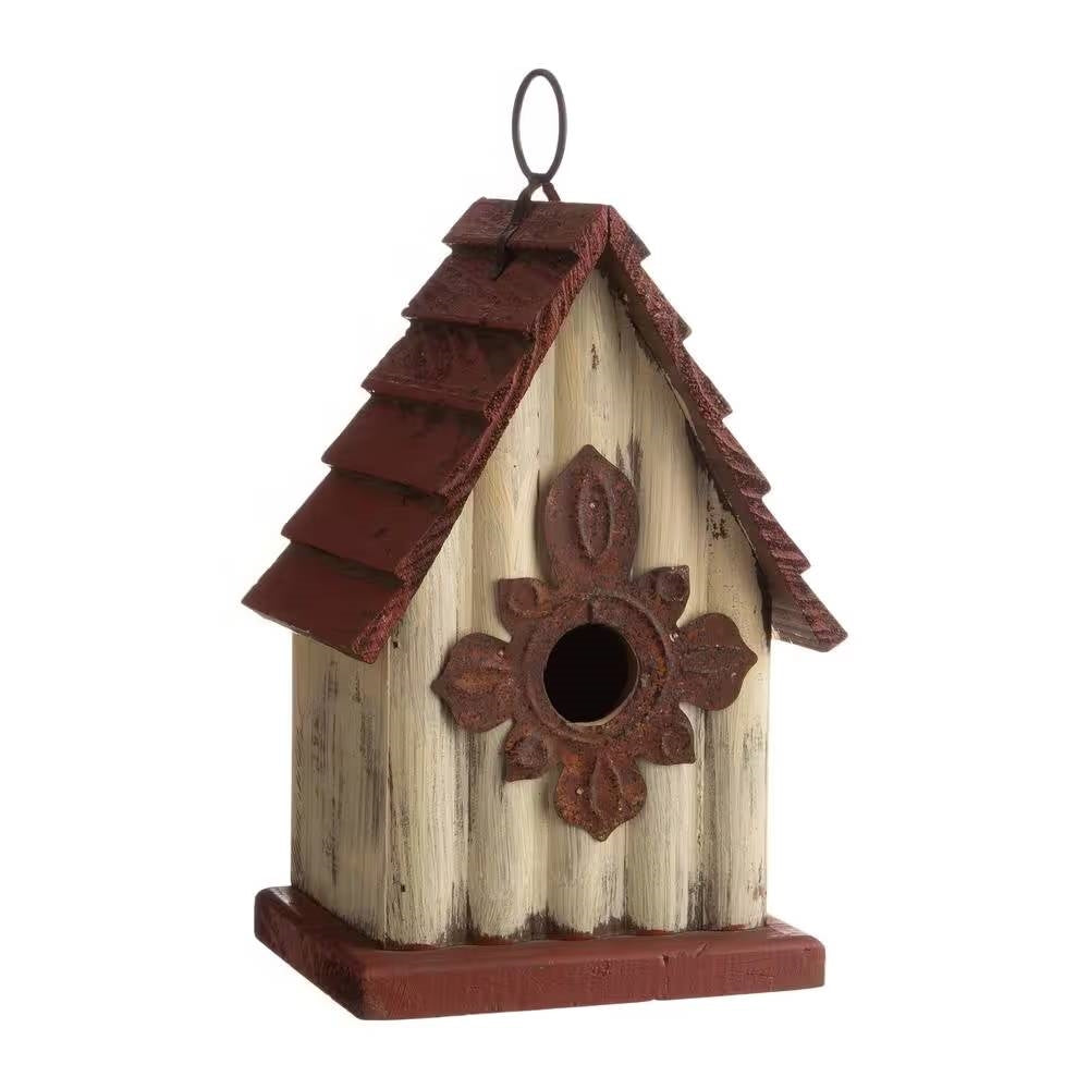 Casita de pájaros de madera maciza con forma de A para exteriores con techo de lamas color terracota