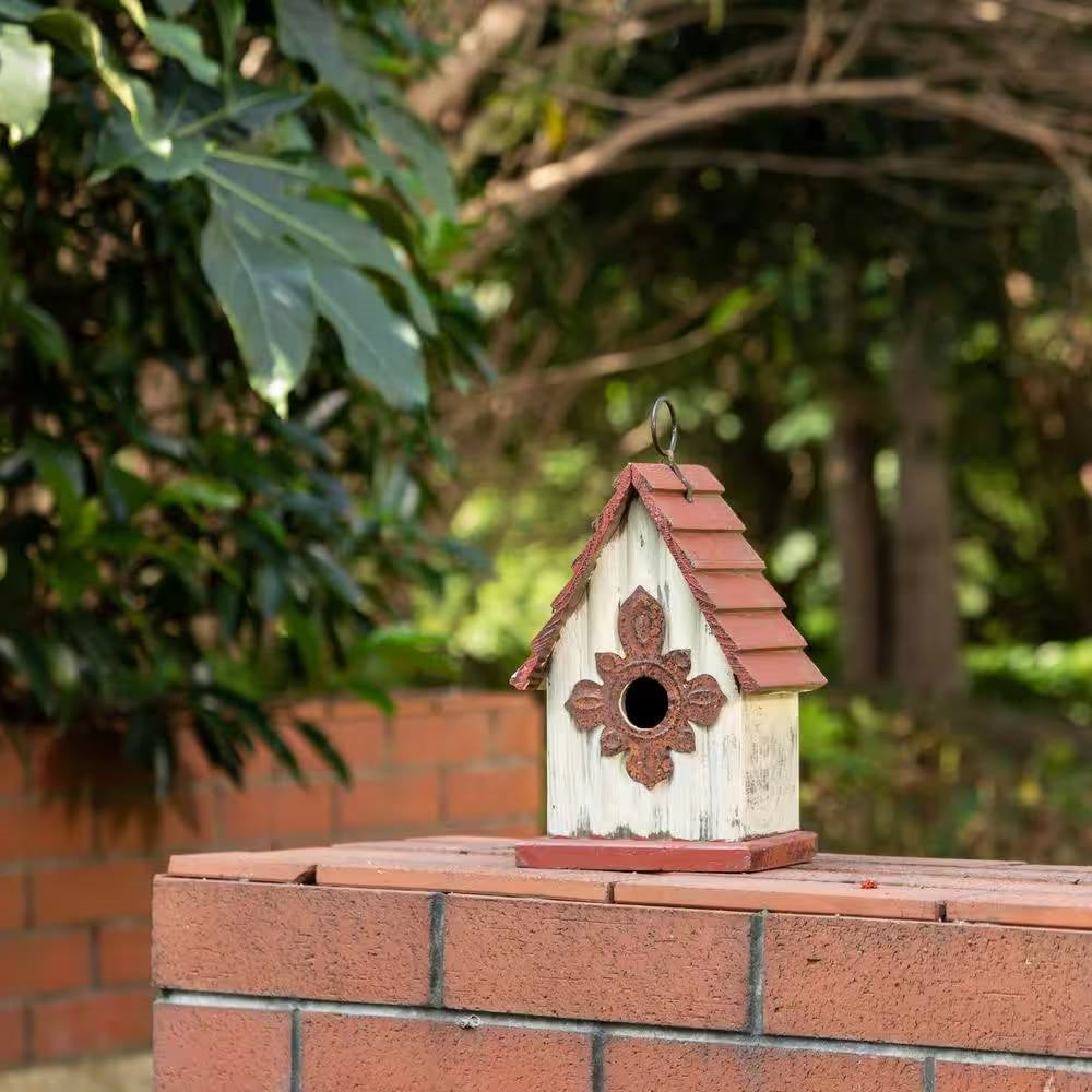 Casita de pájaros de madera maciza con forma de A para exteriores con techo de lamas color terracota