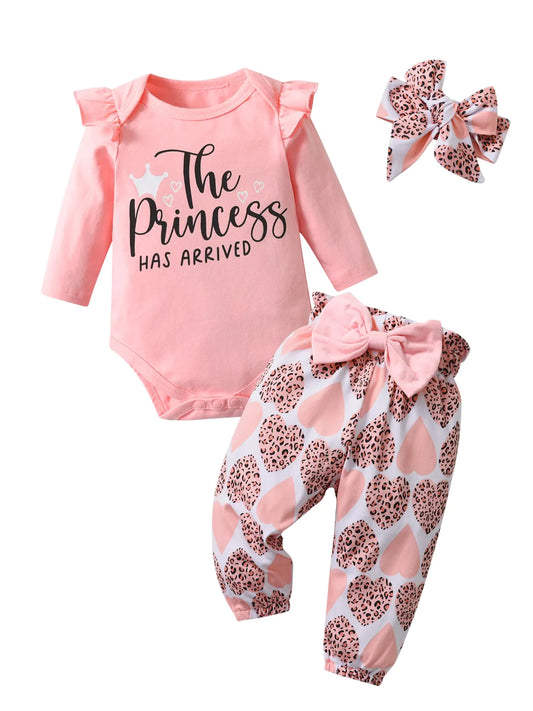 KuKitty Newborn Baby Girl Clothes Long Sleeve Letter Print Romper Bow Heart-shaped Pants Headband Infant Girls 3Pcs Outfits Set Newborn - # BAAA51210011