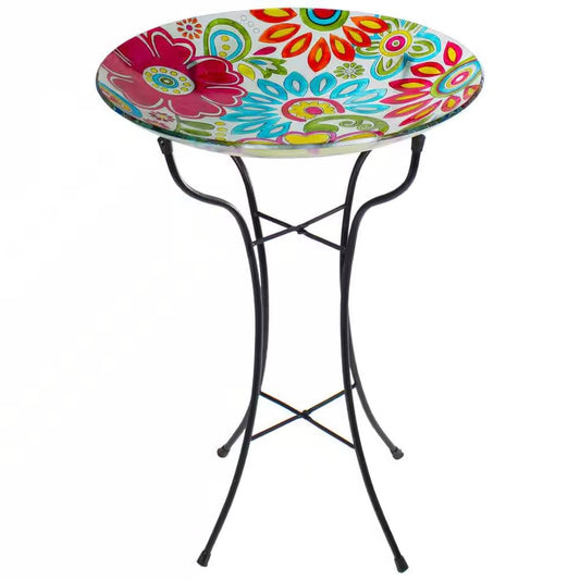Bañera para pájaros exterior de vidrio pintado con flores pastel azules, amarillas y rojas de 18 pulgadas con soporte