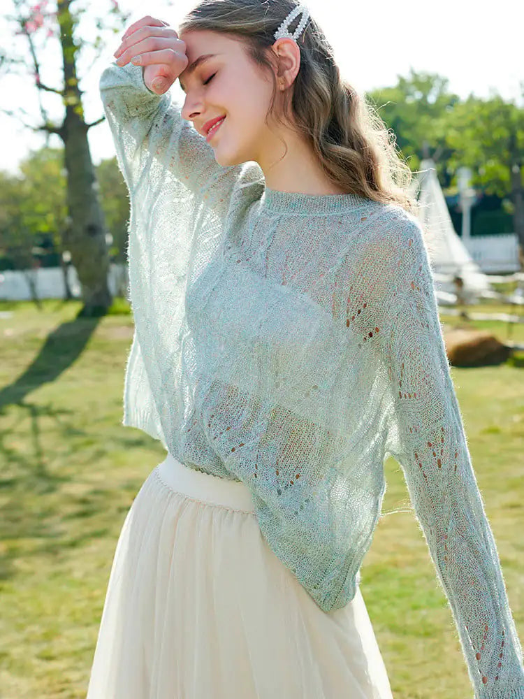 Suéter tipo jersey de punto calado de color liso para mujer