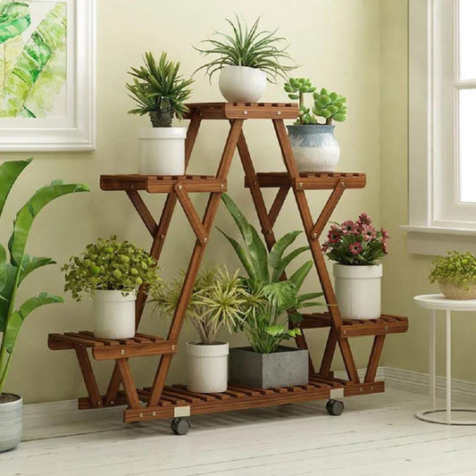 Soporte de plantas triangular de madera maciza para interior y exterior con varios niveles y ruedas con bloqueo
