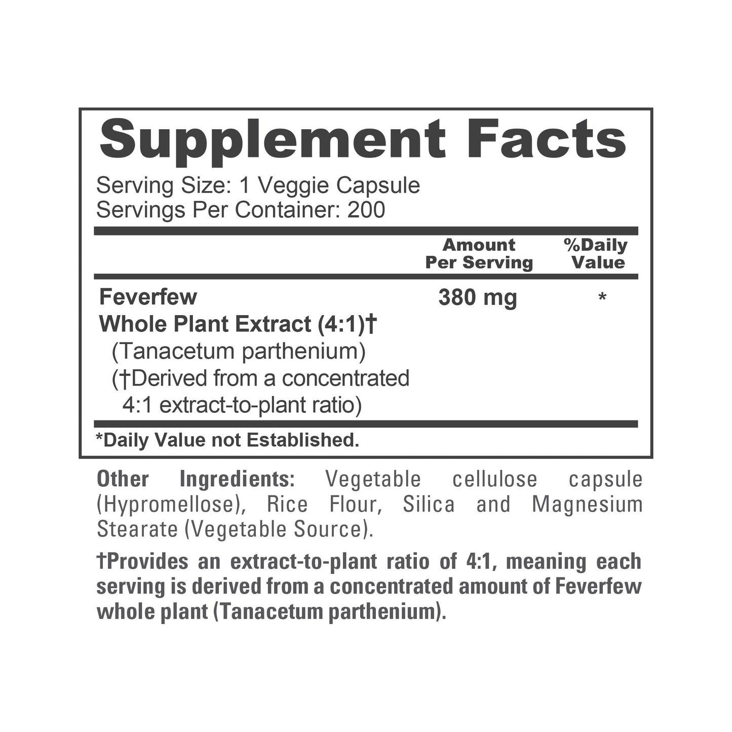 NusaPure Feverfew Extract 4:1 - Suitable for Vegetarian/Vegan, Non - GMO - 380mg 200 Capsules