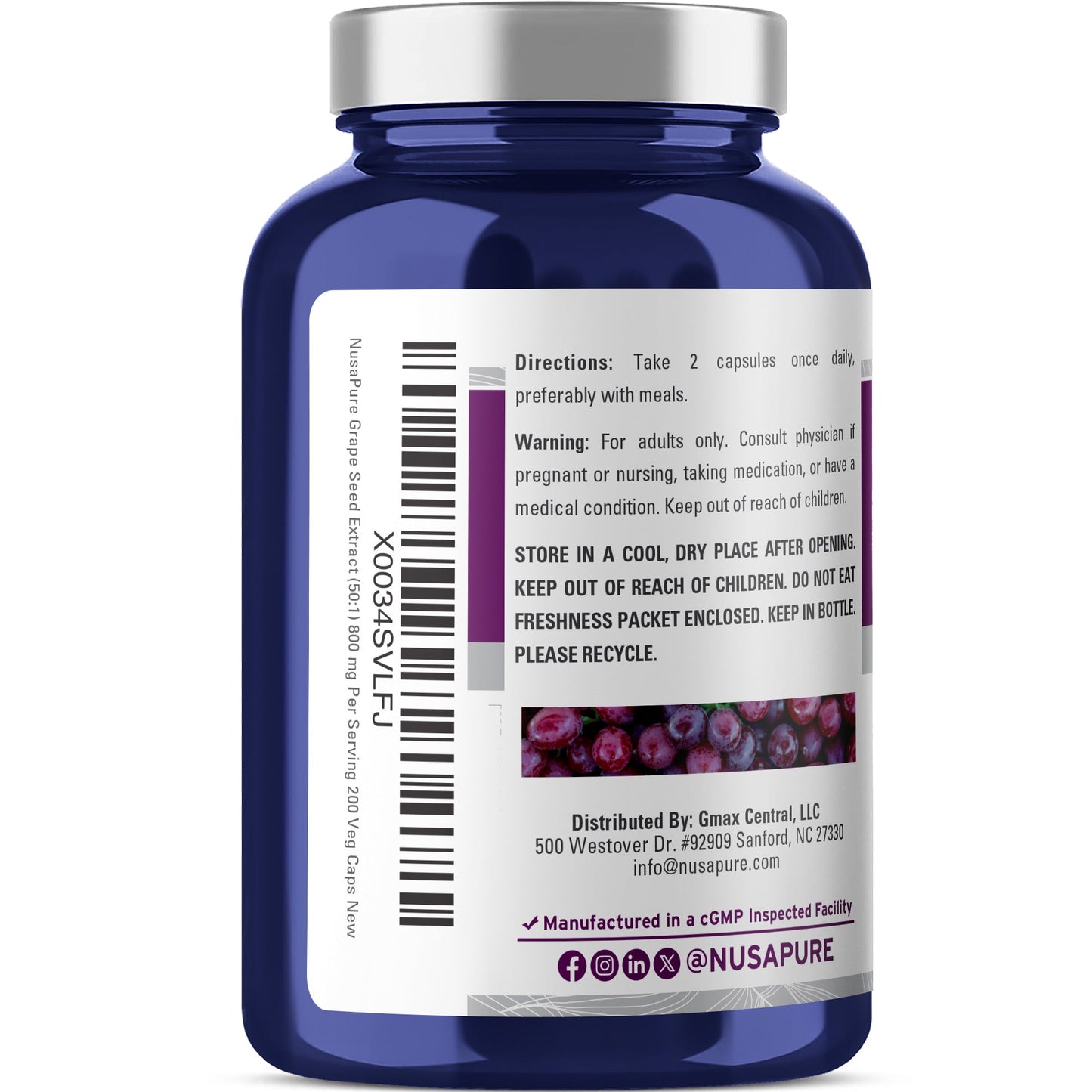NusaPure Grape Seed Extract 800mg per Caps, 200 Vegan Capsules, Standardized, Non-GMO, Gluten Free, Resveratrol