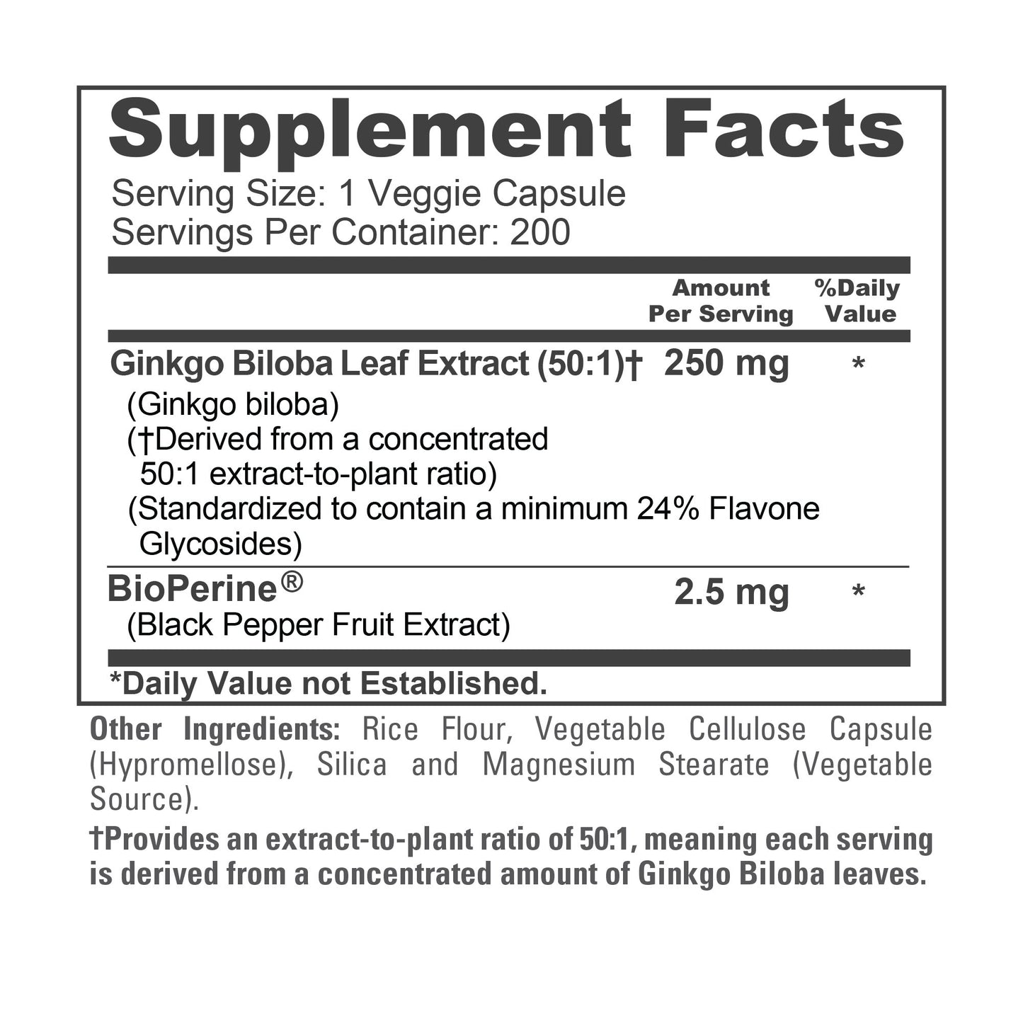 NusaPure Ginkgo Biloba 50:1 Extract, 250 mg per Veggie Caps 200 Capsules (Vegetarian, Non-GMO, Vegan) Bioperine