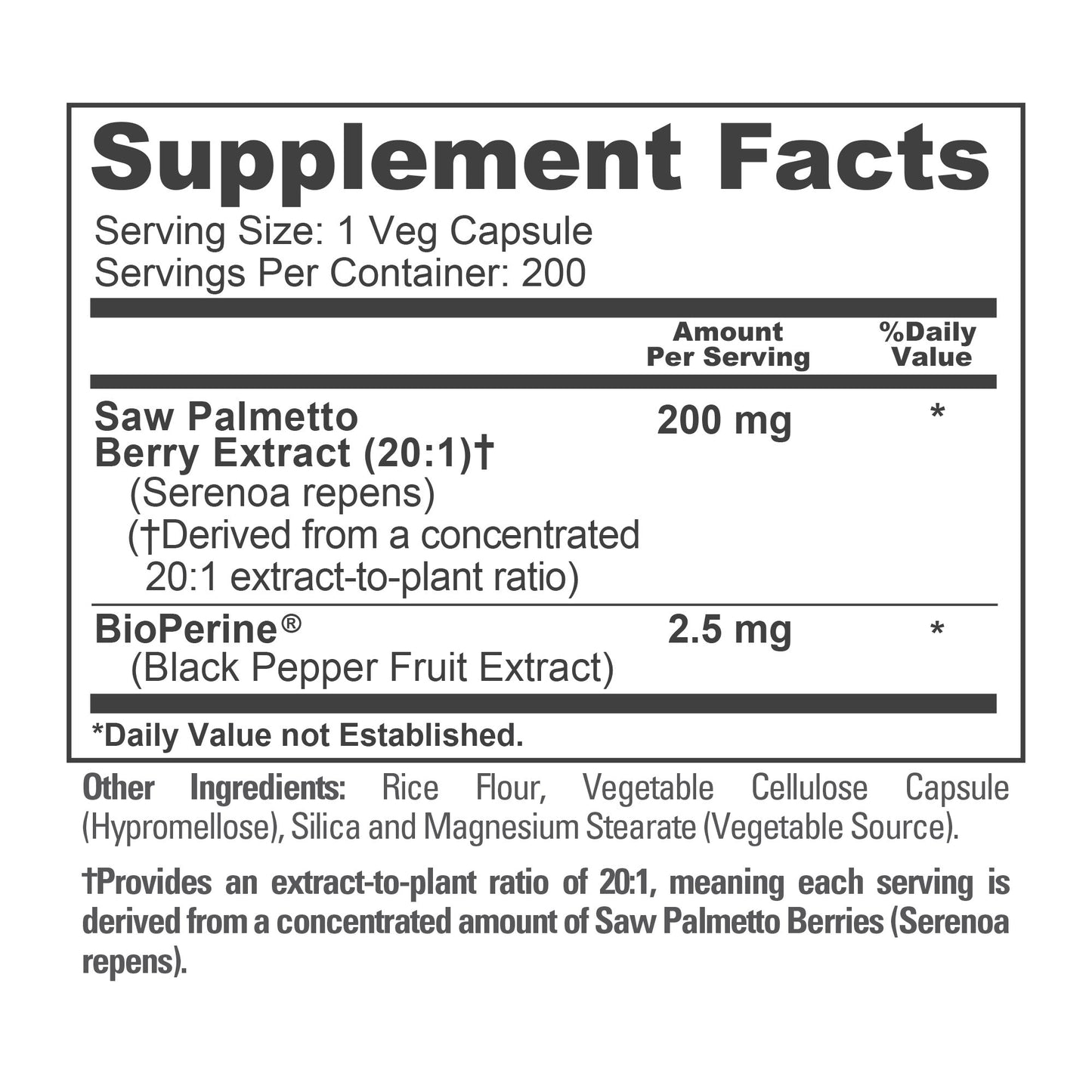 NusaPure Saw Palmetto 20:1 Extract, 200 mg per Veggie Caps 200 Count Non-GMO, Vegan, Vegetarian, Bioperine
