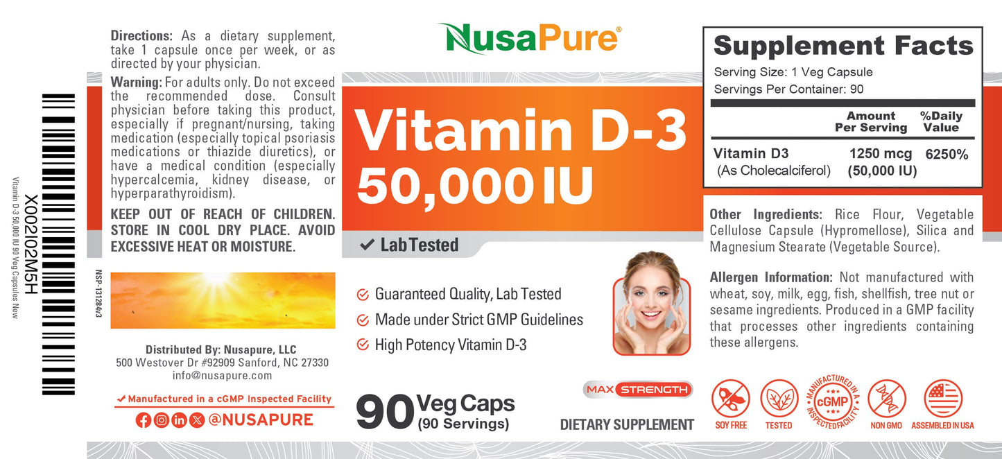 NusaPure Vitamin D3 50,000 IU 90 Vegetarian Capsules (Non-GMO)