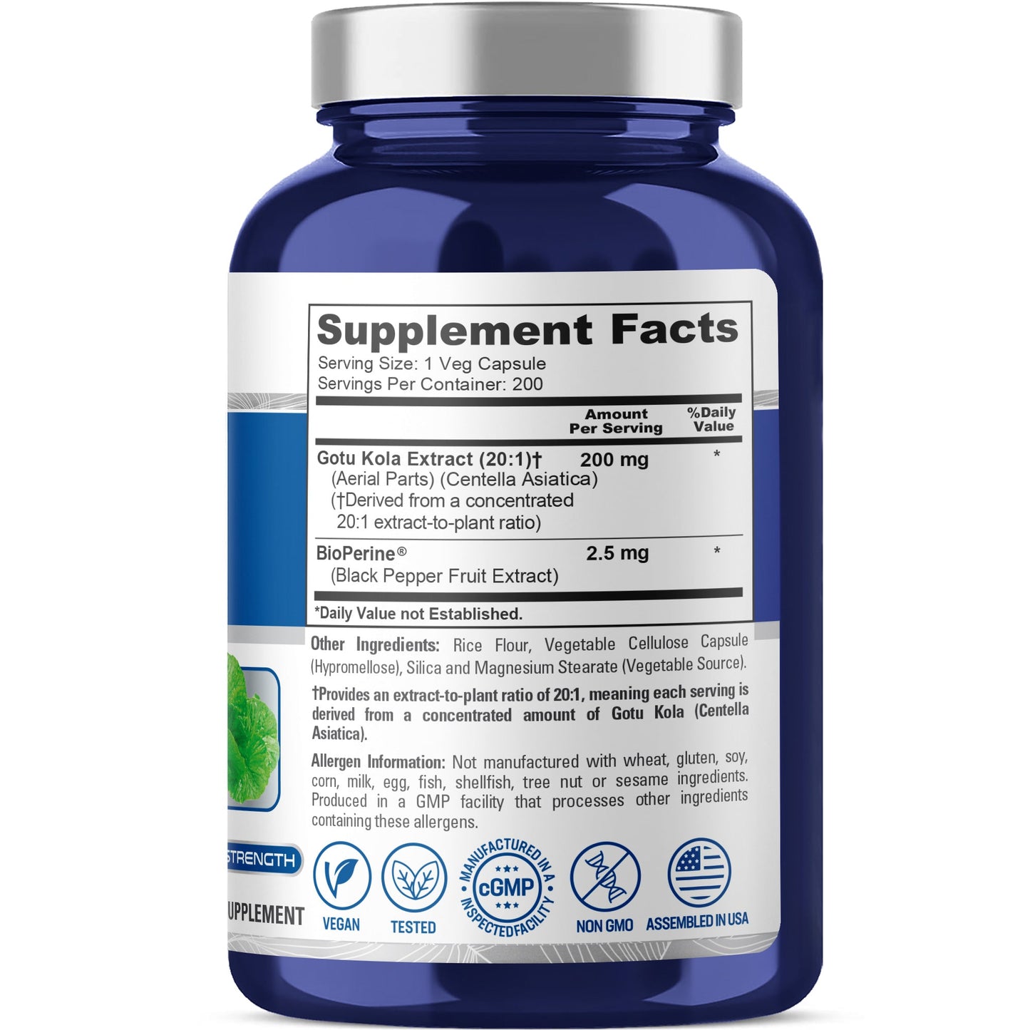 NusaPure Gotu Kola Capsules 20:1 Extract, 200 mg Per Veggie Caps, 200 Count, Non-GMO, Vegan, Bioperine - Traditional Herb Extract