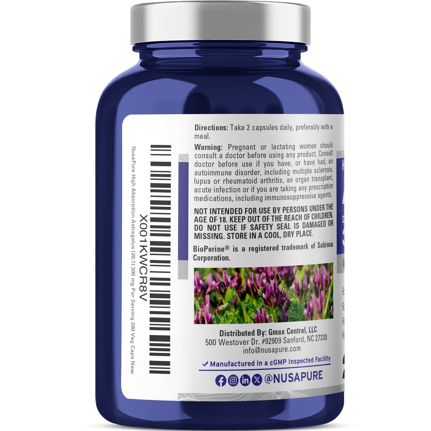 NusaPure Astragalus 20:1 Extract, 300 mg Per Serving, 200 Veggie Capsules, Vegan, Non-GMO & Bioperine