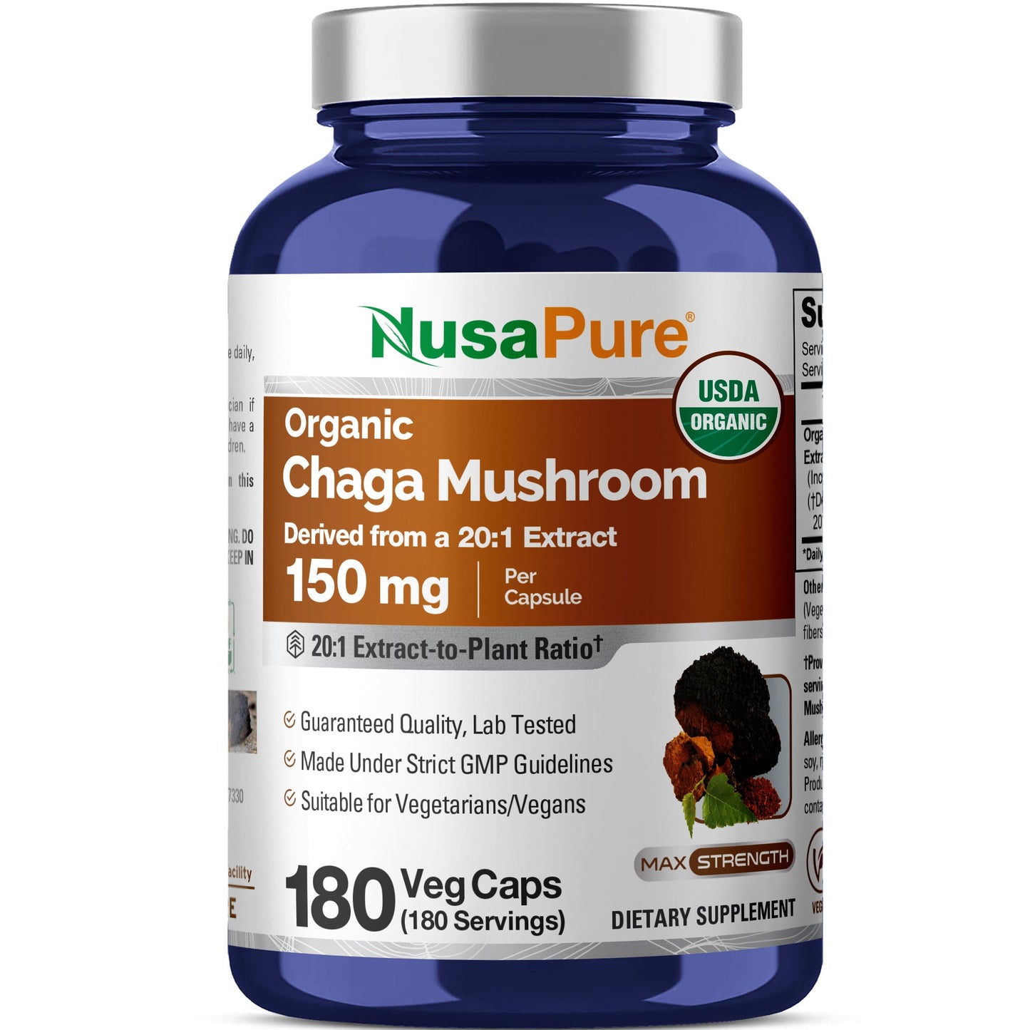 NusaPure Chaga Mushroom 20:1 Extract, 150 mg per Veggie Capsule, 180 Count, USDA Organic, Vegan, Non-GMO